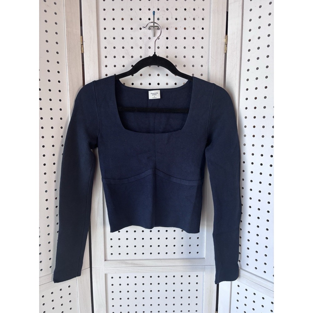 Abercrombie Fitch Navy Blue Square Neck Long‎ SLV Sweater Cropped Women's Small